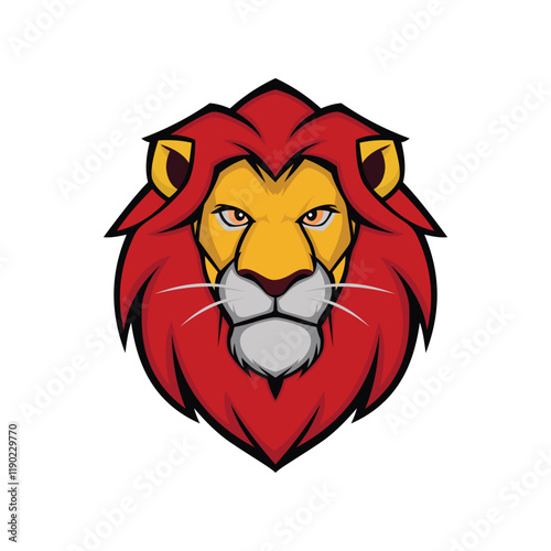 Fierce cartoon lion head with red mane and yellow face on white background