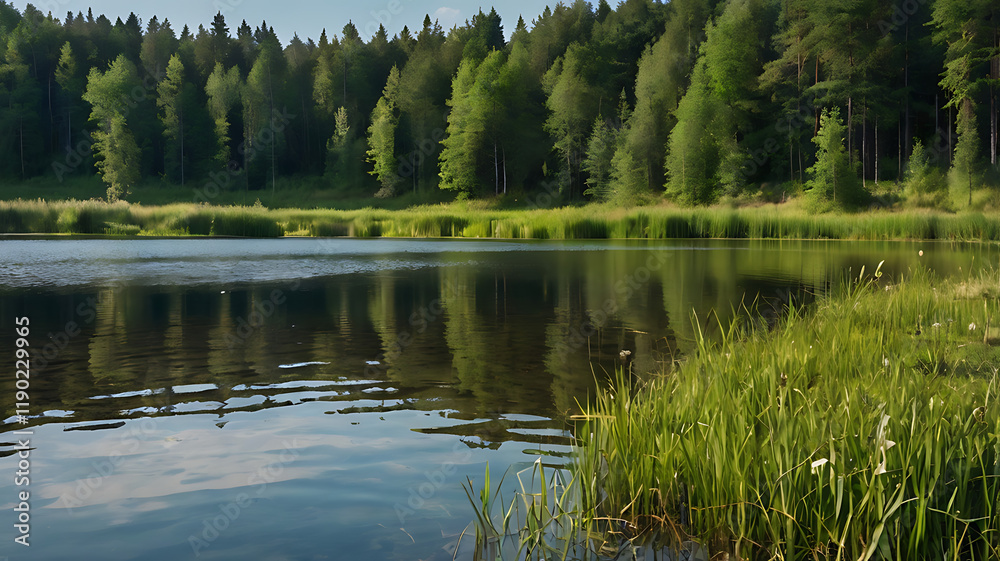 summer day view by the lake with clean water and water grass green foliage near forest summer day view by the lake with clean water and water grass green foliage near forest