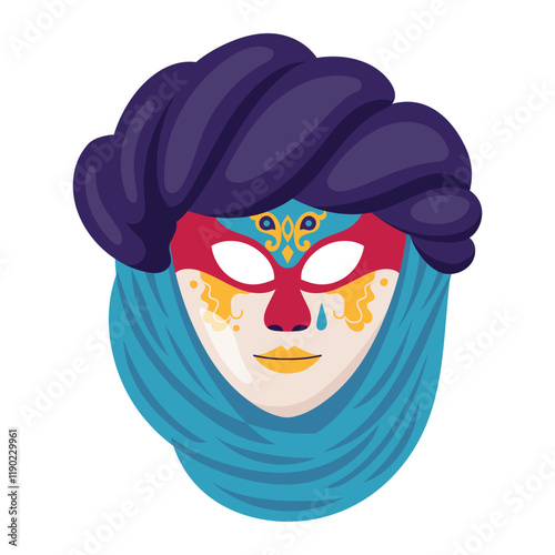 Unusual, in oriental style carnival mask with turban and veil. Mardi gras holiday masque. Venetian masquerade party face disguise accessory capturing spirit of celebration. Vector flat illustration