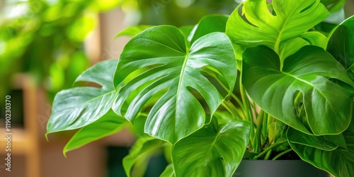 A close-up of a lush monstera leaf, showcasing its distinct shape and texture. photo