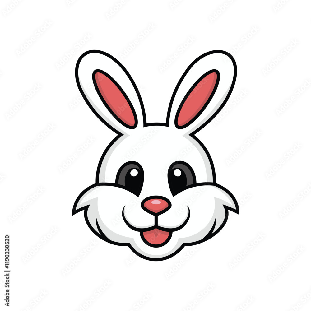 Adorable cartoon bunny face with pink ears and happy expression on white background Adorable cartoon bunny face with pink ears and happy expression on white background
