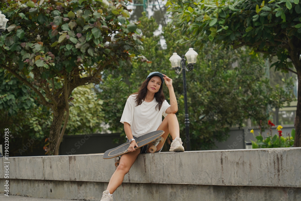 Naklejka premium A young woman sits comfortably on a low wall at the park holding a skateboard in her hands
