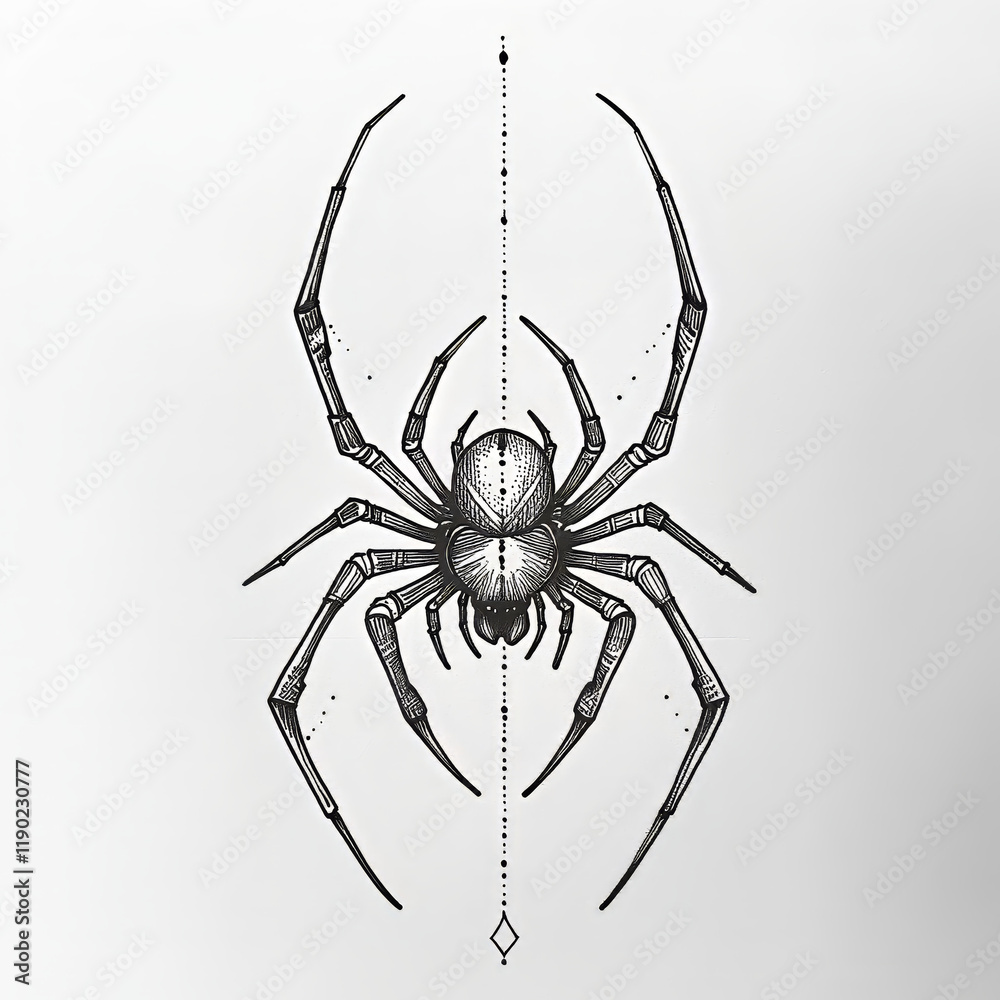 Obraz premium A minimalist black-and-white illustration of a spider with detailed legs and body on a neutral background. Ideal for tattoo designs, nature themes, or educational materials.