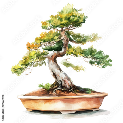 A watercolor of a Japanese larch bonsai, isolated on a white background. Japanese larch bonsai vector.

