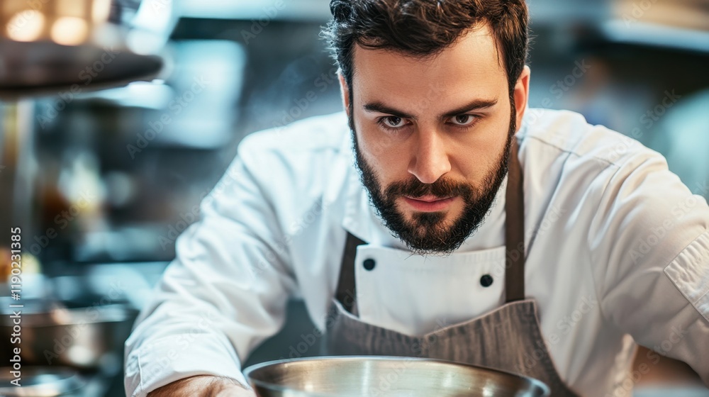 Focused Chef in Kitchen Preparing Ingredients for Culinary Dish Focused Chef in Kitchen Preparing Ingredients for Culinary Dish