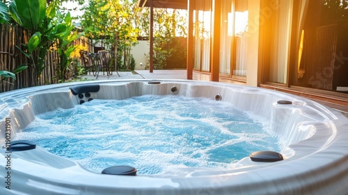 A pool with a jacuzzi feature surrounded by a luxurious home and tropical landscaping.
