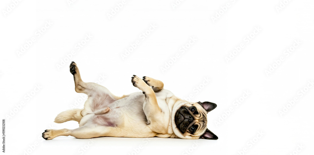 Fototapeta premium Adorable Pug Playing on Its Back with a Happy Expression