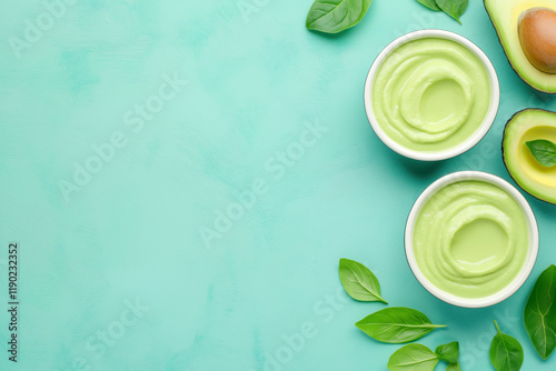 Fresh avocado cream or sauce with basil leaves on  mint background