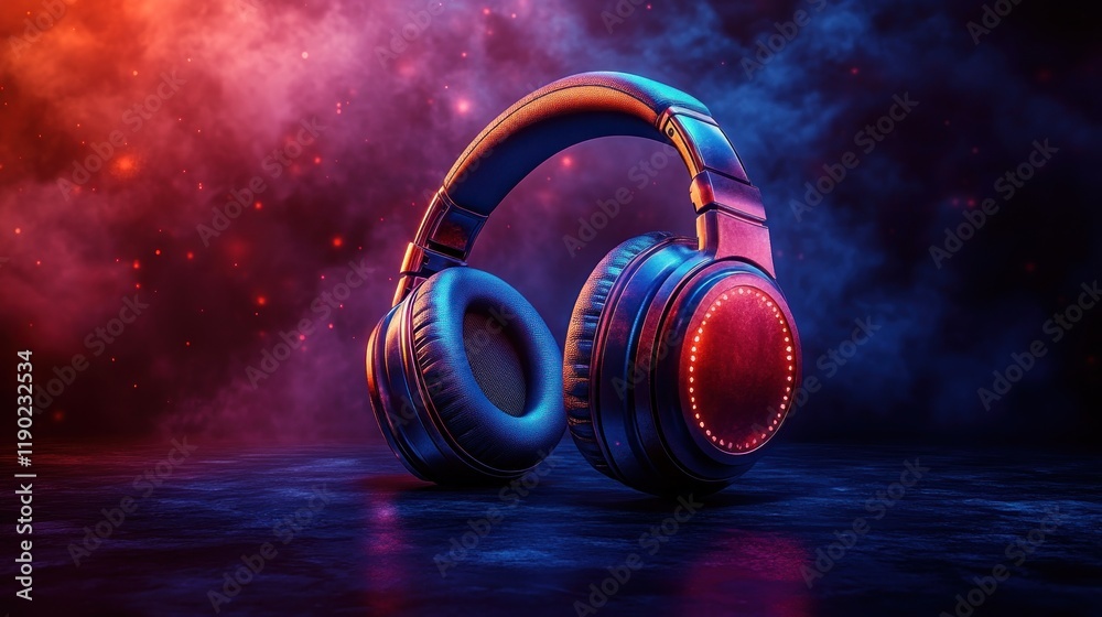 Fototapeta premium Illuminated wireless headphones on dark background.