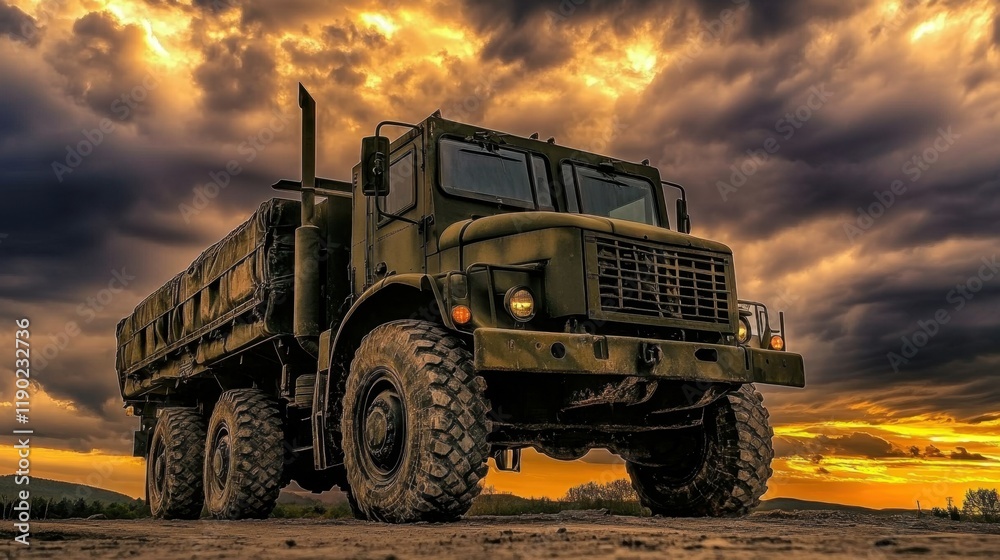 Obraz premium Military Vehicle at Sunset with Dramatic Clouds in Background