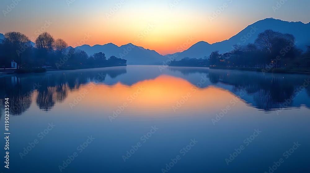 Fototapeta premium Serene sunrise over calm lake reflecting mountains and trees.