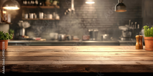 Wood Tabletop with Chef Cooking in Restaurant Kitchen for Culinary Branding