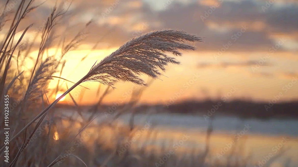Obraz premium A close-up of a tall grass blade gracefully swaying in the breeze, silhouetted against a warm and colorful sunset sky.