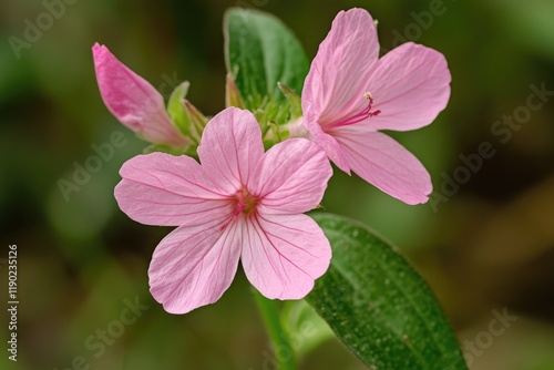 Pink flower with green leaves
