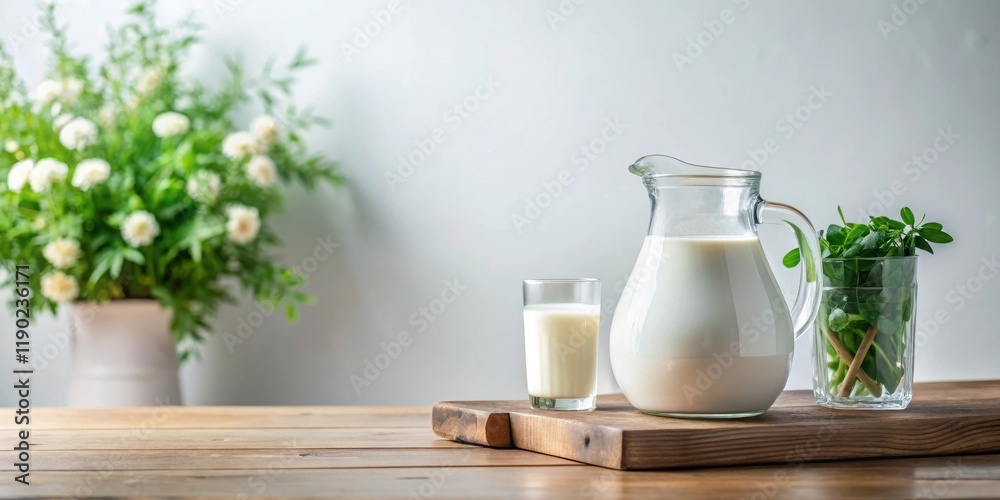 A pitcher and glass of fresh milk on a rustic wooden table with a blurred background of white flowers and green herbs A pitcher and glass of fresh milk on a rustic wooden table with a blurred background of white flowers and green herbs