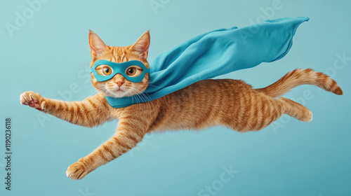 Cute orange tabby cat in a superhero mask and cape, flying heroically against a soft blue background.