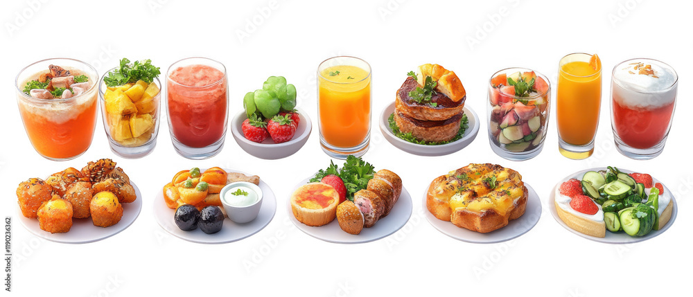 [Variety of snacks displayed on a platter] Vibrant Food Spread with Variety of Sandwiches, Desserts & Drinks Displayed on Nine Plates Against Neutral Background