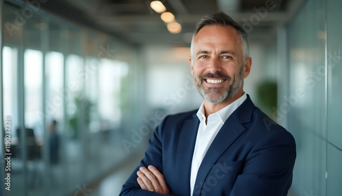 Handsome smiling confident hispanic senior man with crossed arms looking aside. latin successful mature middle age leader male businessman, business investor in office. Banner, copy space