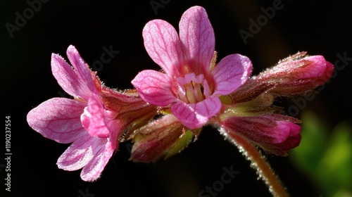 A close-up of a tiny violet wildflower with soft petals and a gentle glow from natural light. photo