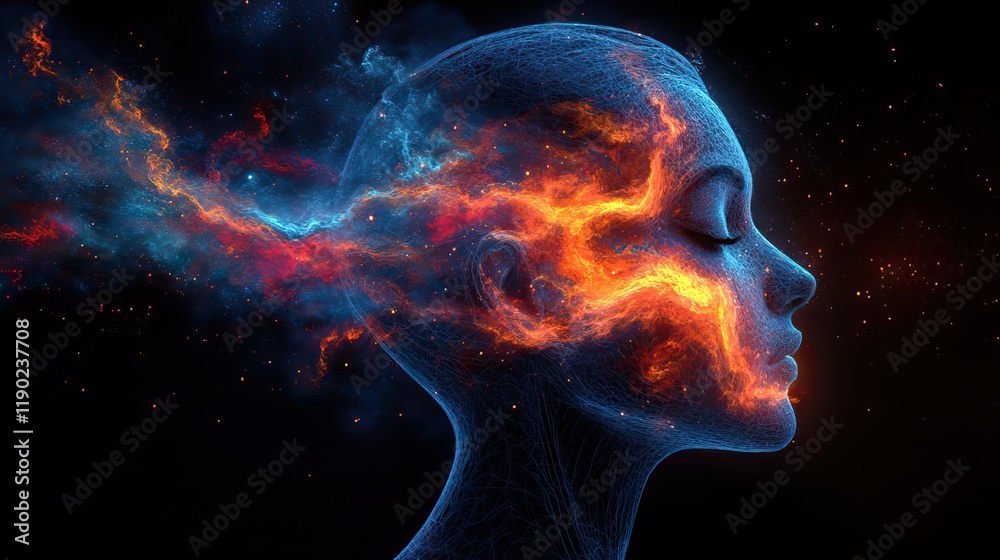 A vibrant colorful human head with paint and energy bursting from the brain representing creativity A vibrant colorful human head with paint and energy bursting from the brain representing creativity