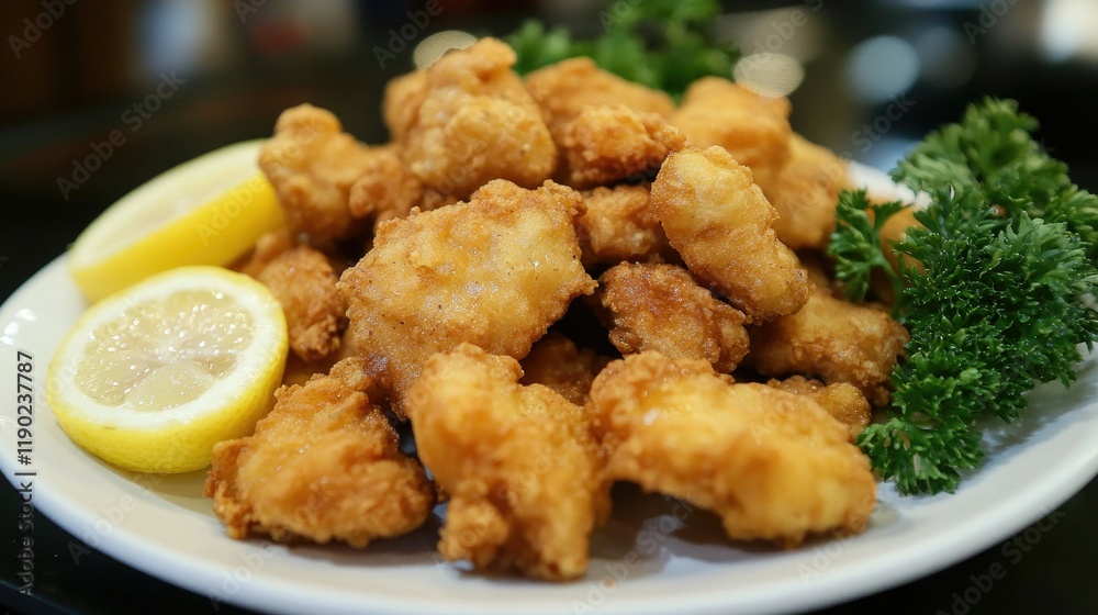 A plate of golden brown breaded fried cutlets garnished with fresh parsley rests on a rustic wooden table. A plate of golden brown breaded fried cutlets garnished with fresh parsley rests on a rustic wooden table.