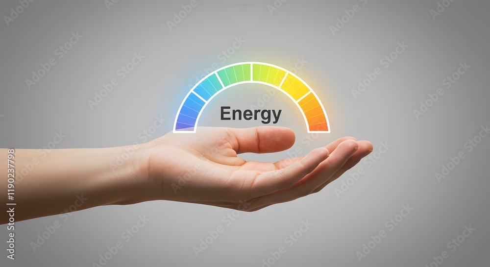 Fototapeta premium Energy performance gauge with colorful spectrum emphasizing sustainability, capacity optimization, futuristic analytics, and clean energy design held in modern human hand