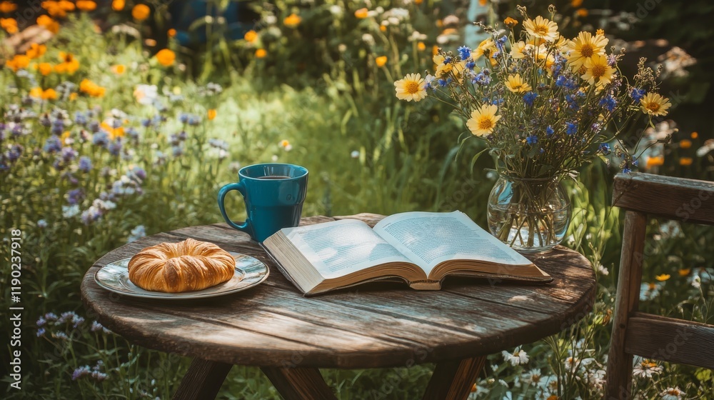 Fototapeta premium A wooden table with an open book, glasses, and a coffee mug on it, set in a garden surrounded by wildflowers. A croissant on a plate and flowers in a vase complete the scene.