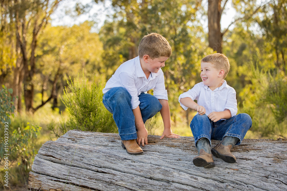 Country brothers sitting together on log on farm Country brothers sitting together on log on farm