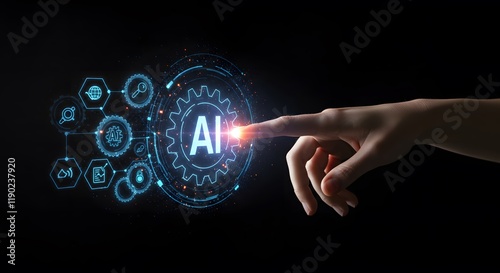 Artificial intelligence interaction showing futuristic finger touch on AI hologram with vibrant blue background highlighting innovation and advanced computing in business and technology landscape photo