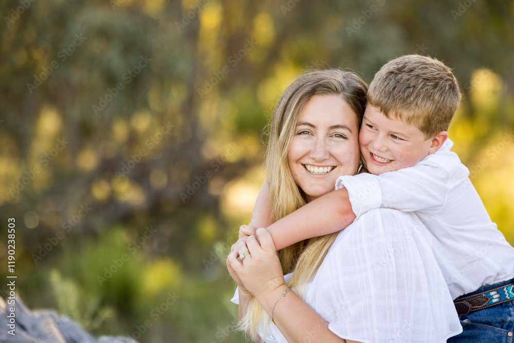 Mother and son portrait in rural Australian bush setting Mother and son portrait in rural Australian bush setting