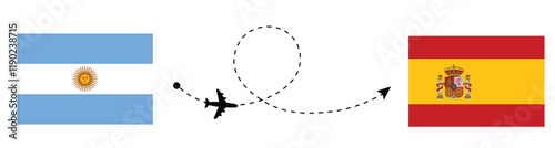 Argentina to Spain flight travel concept . Buenos Aires to Madrid passenger travelling by airplane concept . Argentina and Spain flag VECTOR