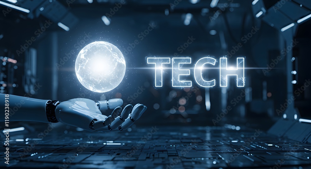Obraz premium Tech innovation highlighted by robotic hand holding a glowing futuristic globe in advanced technology environment for digital transformation and innovation