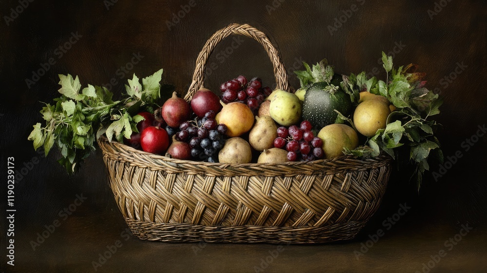 A woven market basket with a braided pattern, holding a collection of fresh market produce. A woven market basket with a braided pattern, holding a collection of fresh market produce.