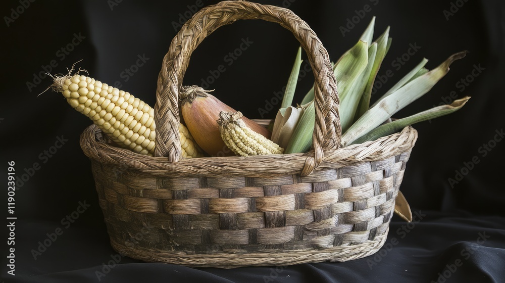 Obraz premium A woven market basket with a braided pattern, holding a collection of fresh market produce.