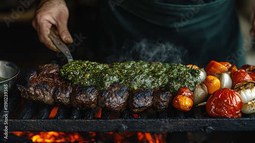 An Argentine asado with grilled beef, sausages, and chimichurri sauce, representing the robust and savory flavors of Argentine cuisine. photo