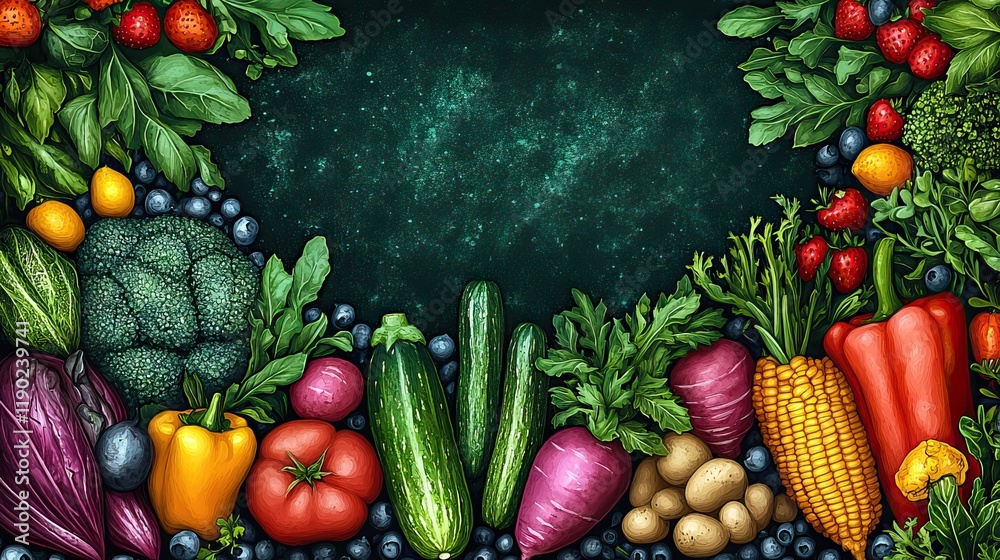 A vibrant green background is adorned with a playful and colorful doodle of fresh vegetables A vibrant green background is adorned with a playful and colorful doodle of fresh vegetables