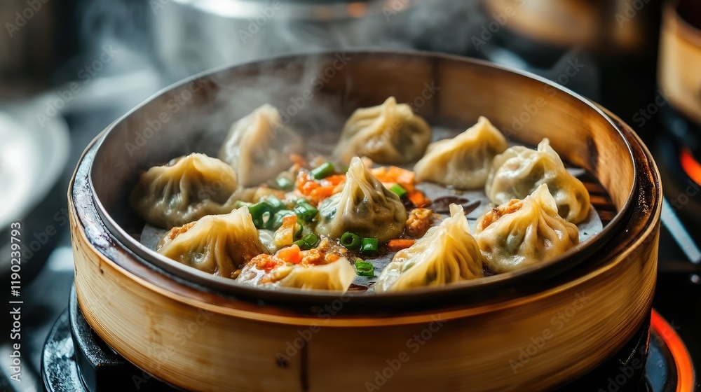 Dumplings being steamed in a bamboo basket on a stovetop. Dumplings being steamed in a bamboo basket on a stovetop.
