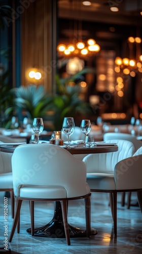 A chic, upscale restaurant with a soft, blurred background, featuring elegant furniture and glowing lighting accents