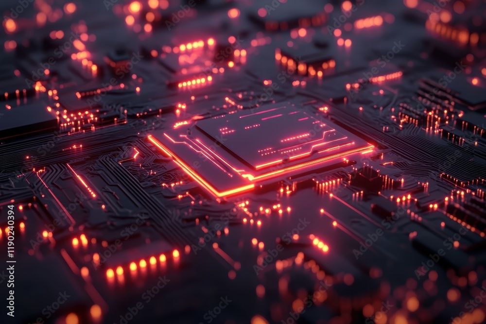 A circuit board pattern with glowing lines and digital elements in a dark theme