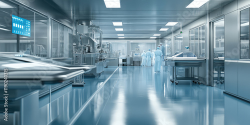 A modern, sterile manufacturing facility with stainless steel equipment and conveyor belts