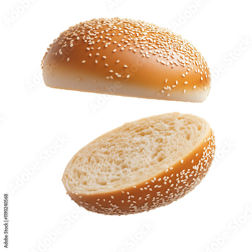 Sesame seed bun, hamburger bread floating in the air on a transparent background PNG photo