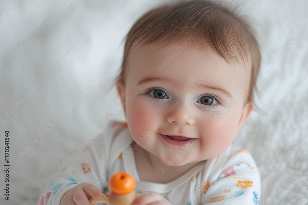 Smiling baby holds toy, surrounded by soft textures and gentle l Smiling baby holds toy, surrounded by soft textures and gentle l