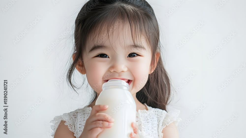 Happy little girl drinking milk from a bottle Happy little girl drinking milk from a bottle