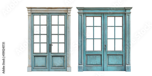 Elegant Blue French Doors with Glass Panes on a Transparent Background