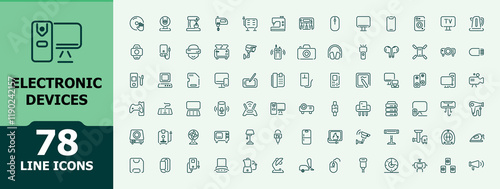 Electronic Devices vector line icon set. Related to device, desktop, mobile, digital, speaker, computer, notebook and more. Minimalist UI icon design. Editable vector icon and illustration.