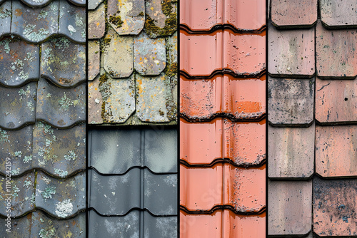 Close-up of different roof tile portions showcasing tile design, weathering, moss growth, and clean variants representing home construction, maintenance, and design choices. photo