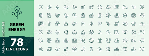 Green Energy line icons set. Related to energy, save, electric, wind, fuel, reduce, ecology, thermal. Perfect for logos and infographics. Minimalist editable stroke. Vector illustration.