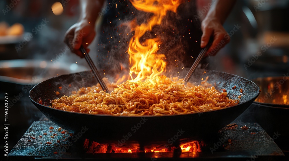 Chef stir-fries noodles in a wok with flames. Chef stir-fries noodles in a wok with flames.