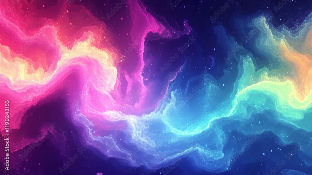 A colorful pixel art background with swirling gradient patterns in neon tones of pink, blue, and green, with a flowing motion effect