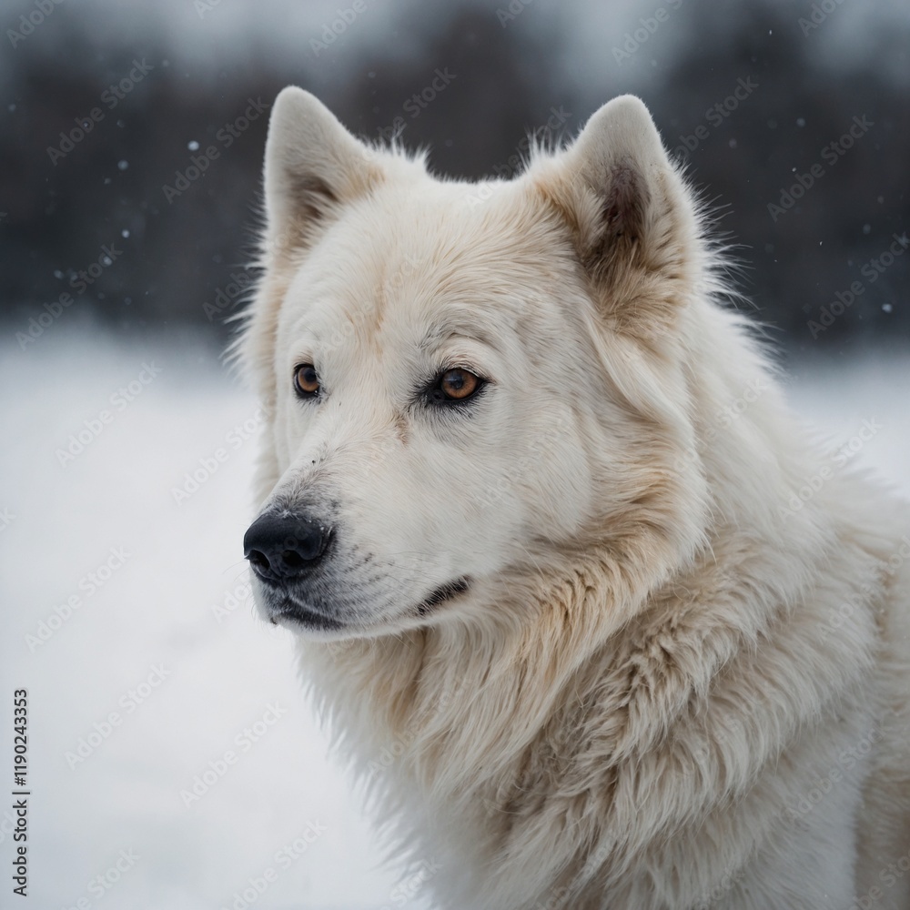 Obraz premium A realistic Arctic dog portrait with soft lighting, white background.